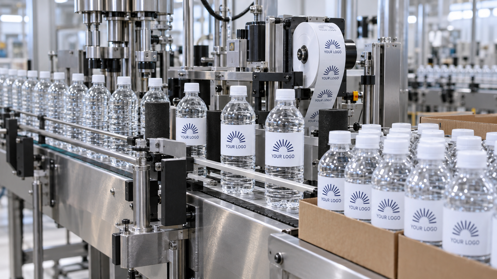 Custom-labeled bottles being capped, labeled, and packaged on a production line