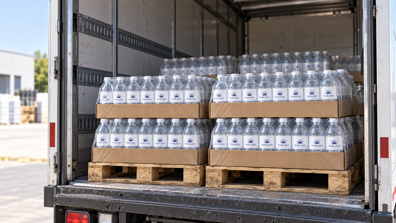 Cases of custom-labeled water ready to unload from a shipping truck
